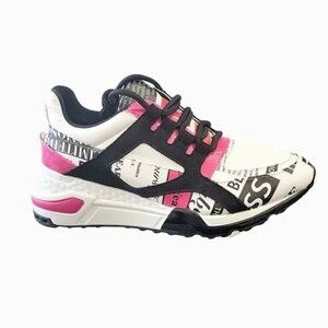 Steve Madden Newspaper Print Cliff Hanger Wedge Sneakers Pink Black White Womens